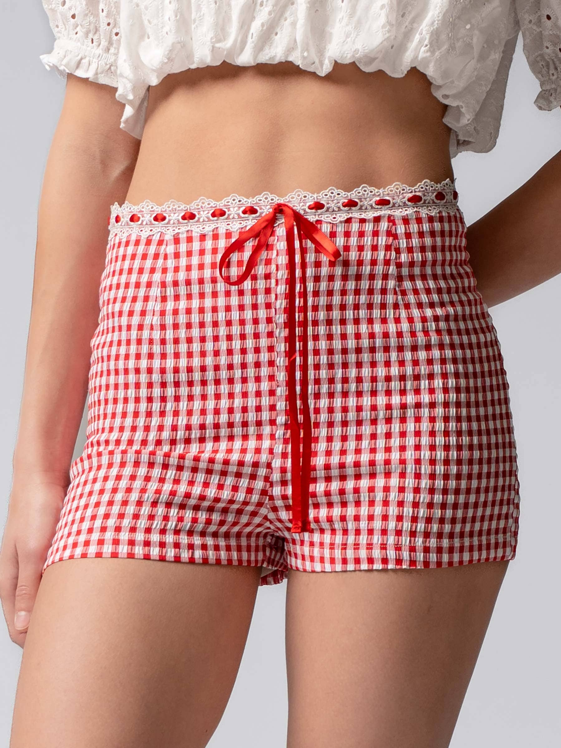 Urban Daizy Gingham Scallop Trim Shorts Brown Shorts - Women's (UDZ-PT-00474) – alternate view 3