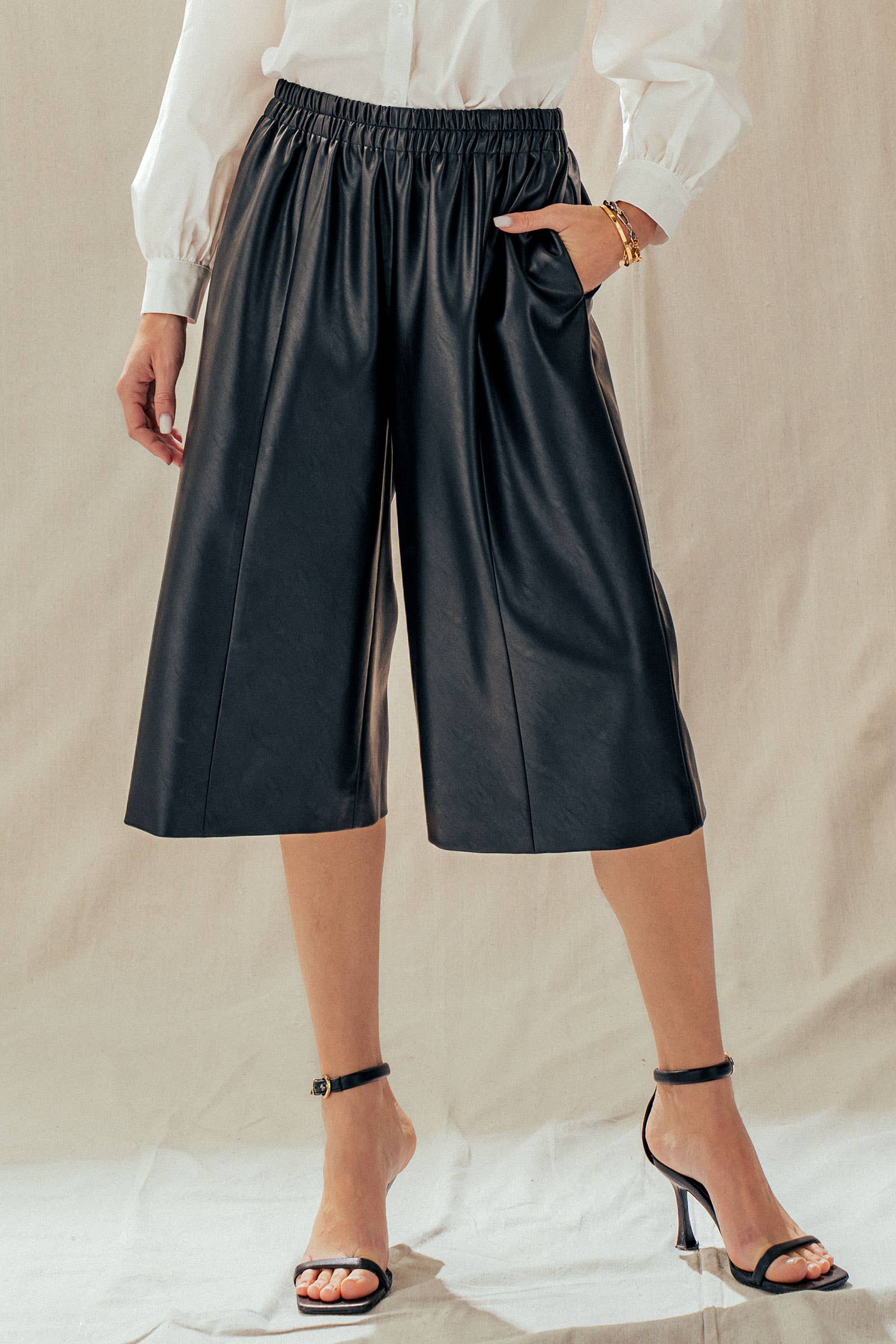 Urban Daizy Black Faux Leather Wide Leg Culotte Pants Black Pants - Women's (UDZ-PT-00490)