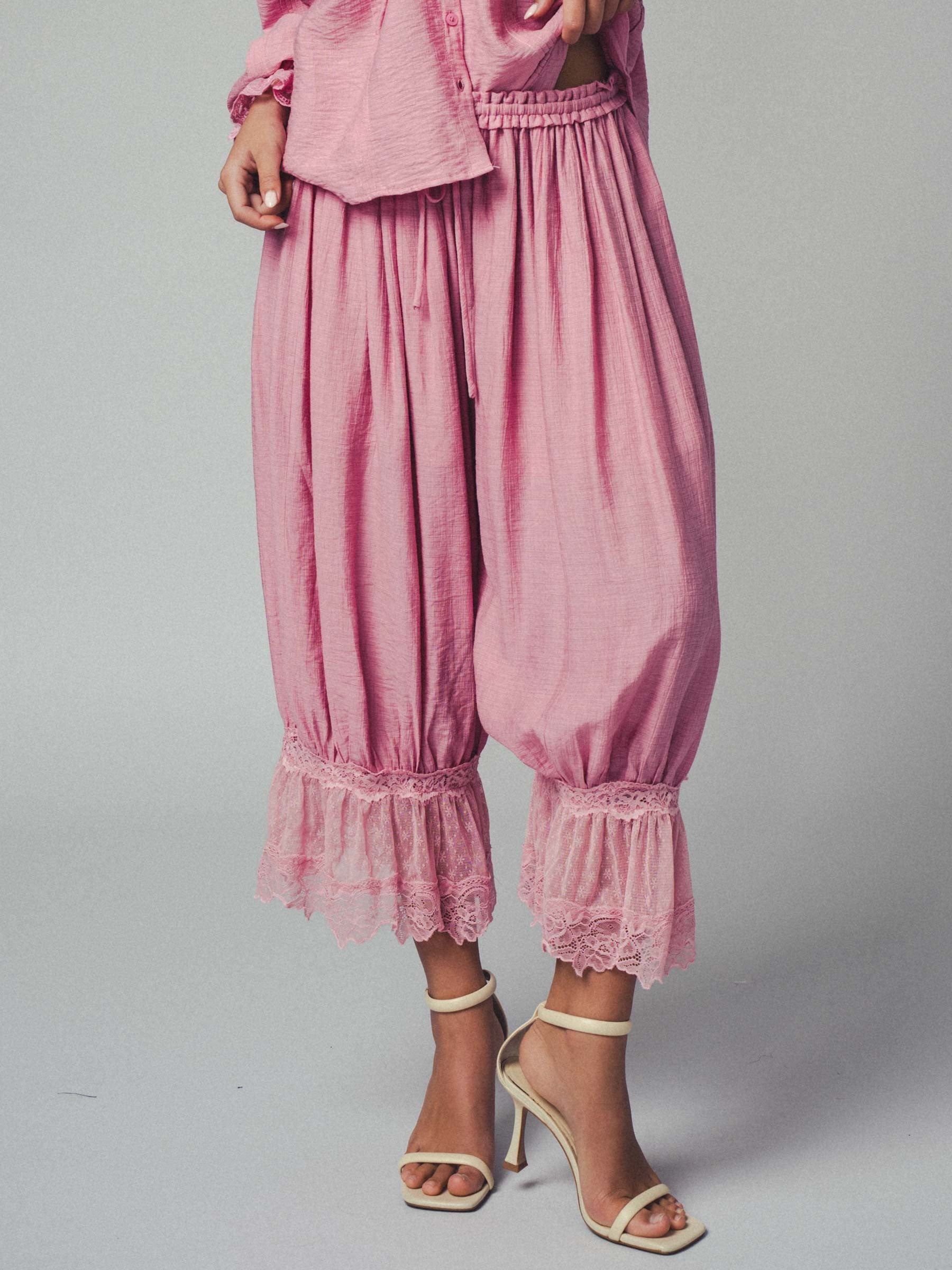 Boho Lace Trim Summer Linen Pants in PINK - Women's Pants | Urban Daizy