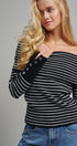 Off-Shoulder Striped Knit Top with Button Cuffs in BLACK - Women's Sweaters | Urban Daizy