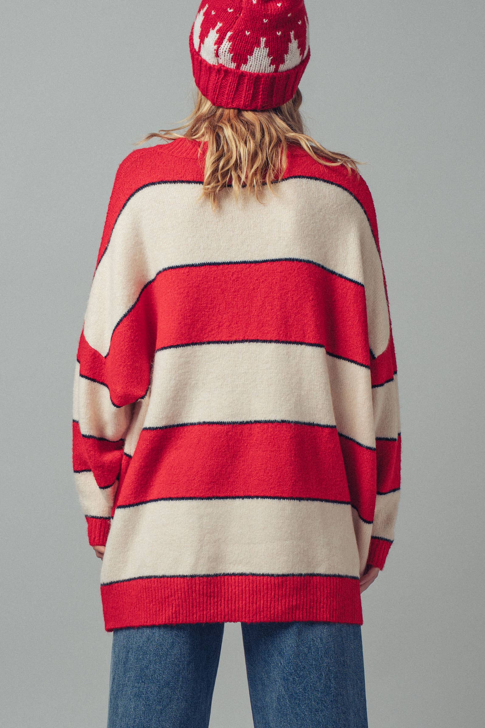 Urban Daizy Oversized Rugby Stripe Knit Sweater Red Tunic Sweater - Women's (UDZ-KN-00657)
