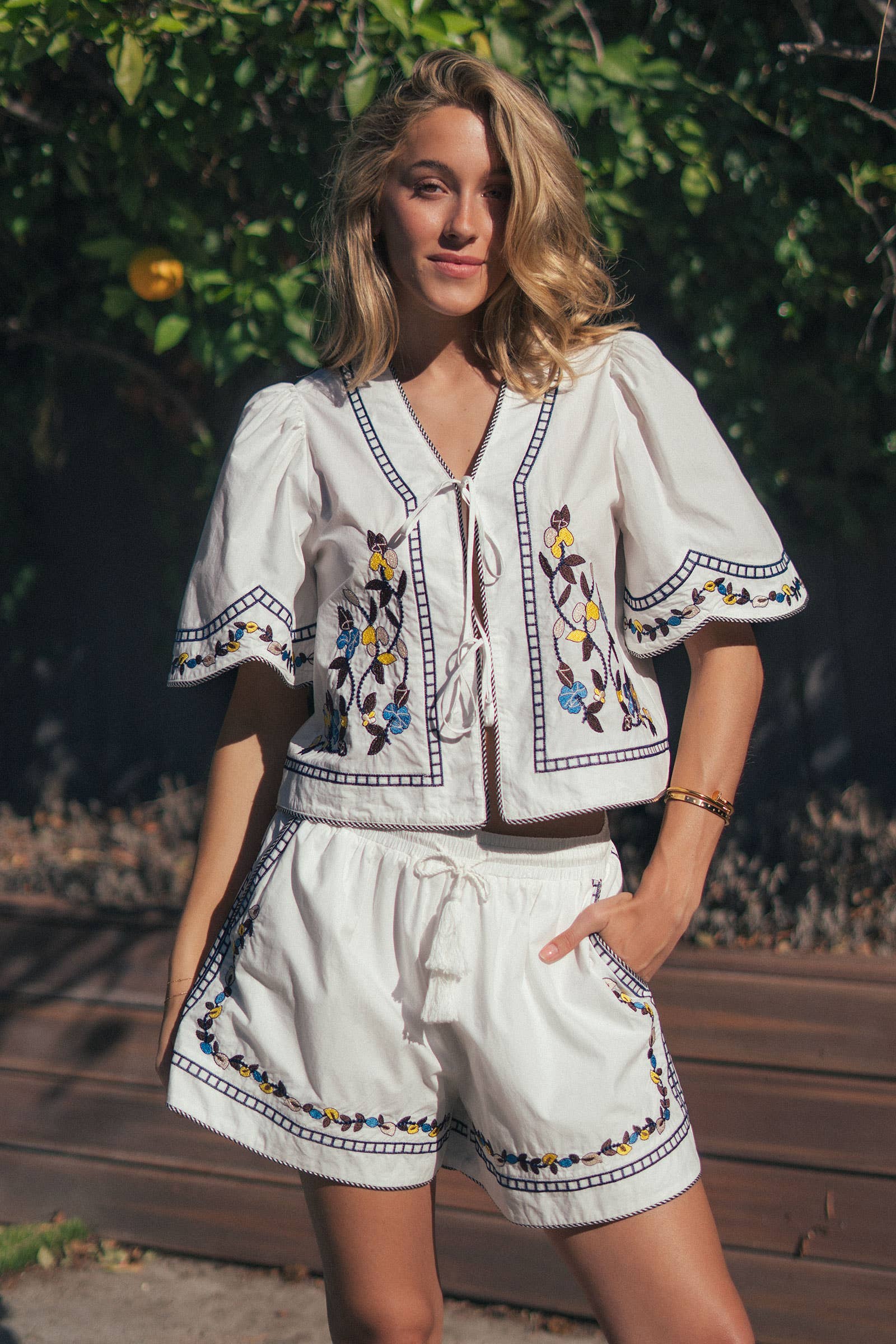 Urban Daizy Floral Embroidered Tie Front Cotton Top Navy Blouse - Women's (UDZ-TP-01014) – alternate view 2