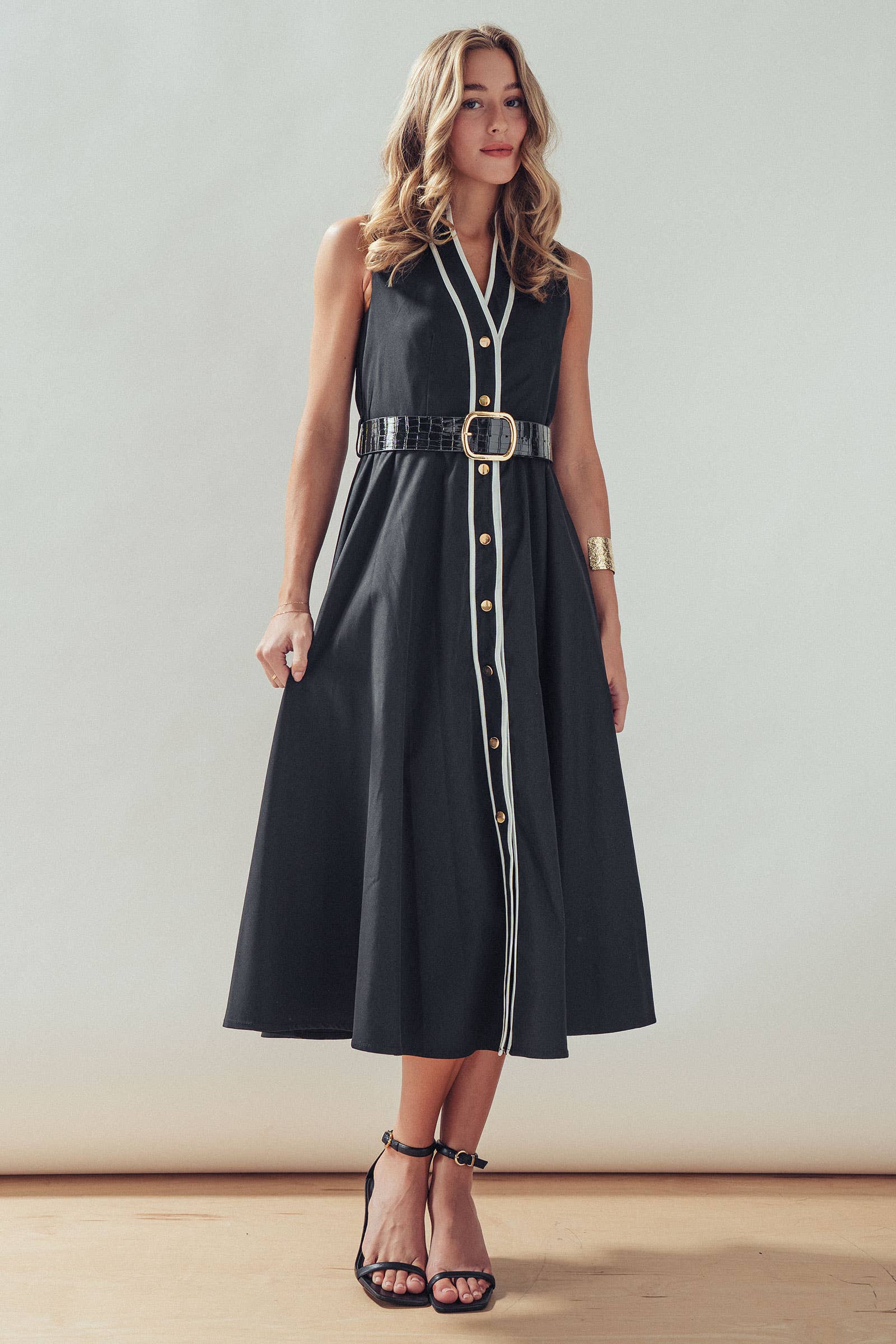 Sleeveless Contrast Trim A-Line Midi Dress