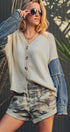 Urban Daizy Mixed Media Flag Denim Sleeve Cardigan Ivory Cardigan - Women's (UDZ-KN-01043) – alternate view 2
