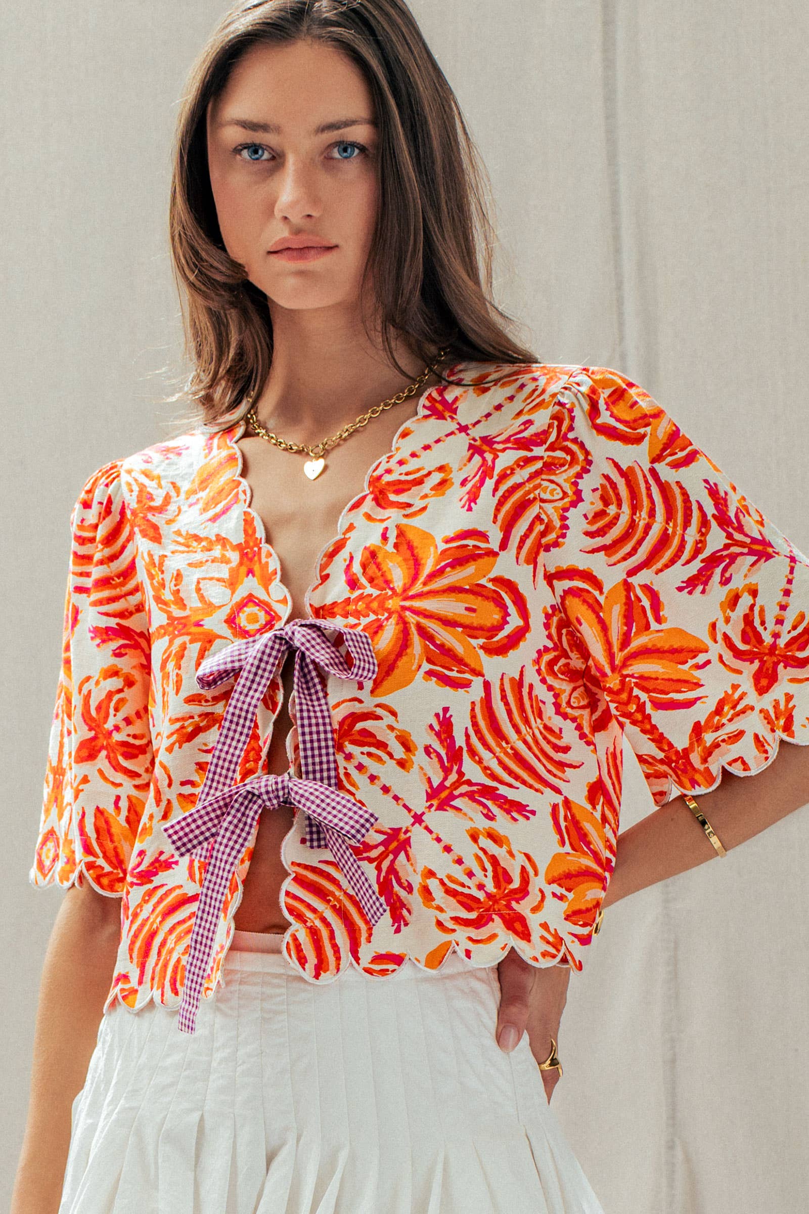 Embroidered Floral Scalloped Tie-Front Top