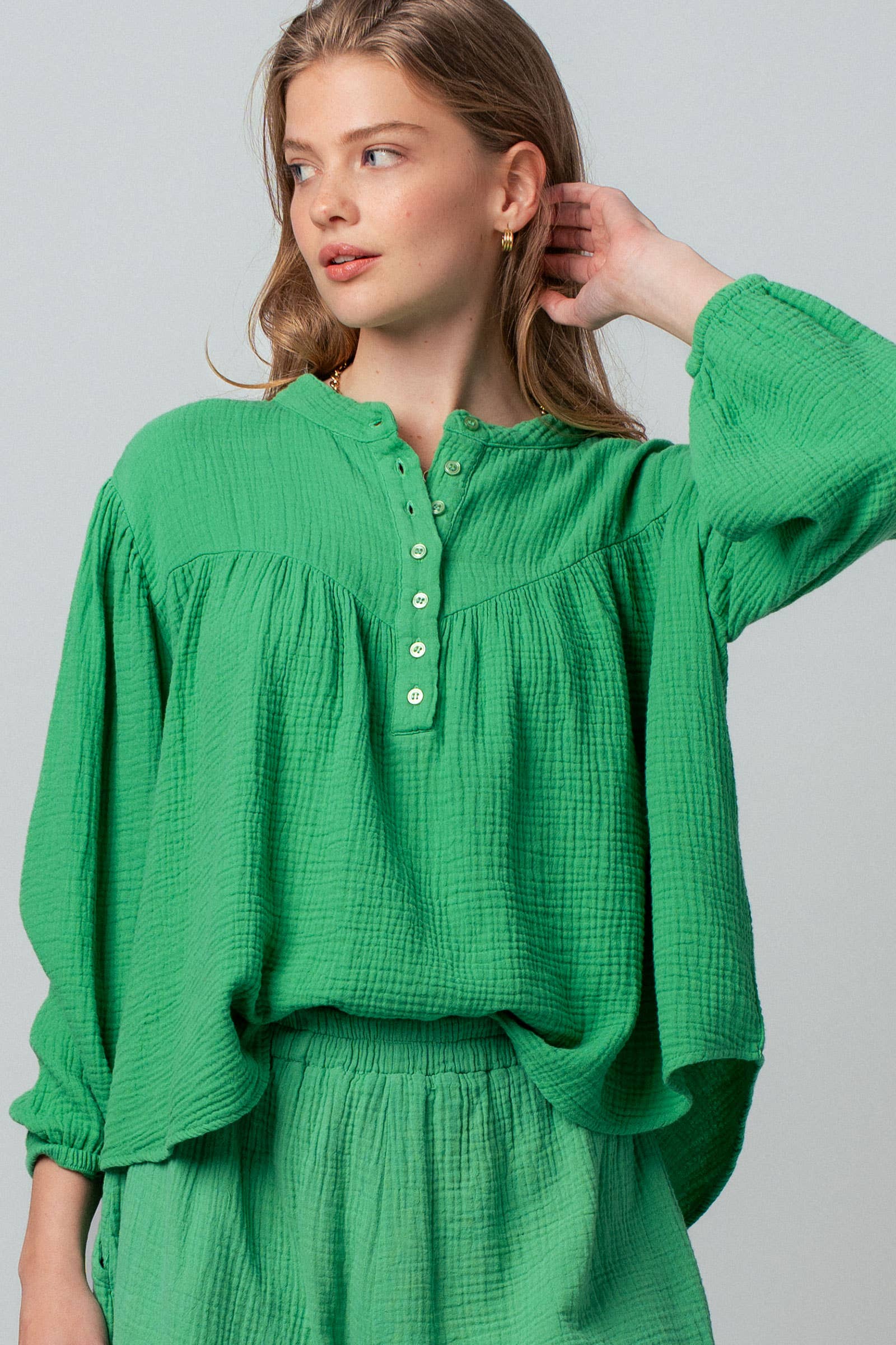 Garment Dyed Cotton Gauze Button Down Top And Shorts Set