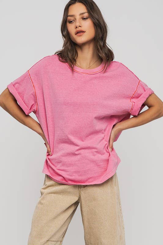 Urban Daizy Contrast Stitch Mineral Wash Spring Oversized Tee Blue T-Shirt - Women's (UDZ-TP-00755) – alternate view 21