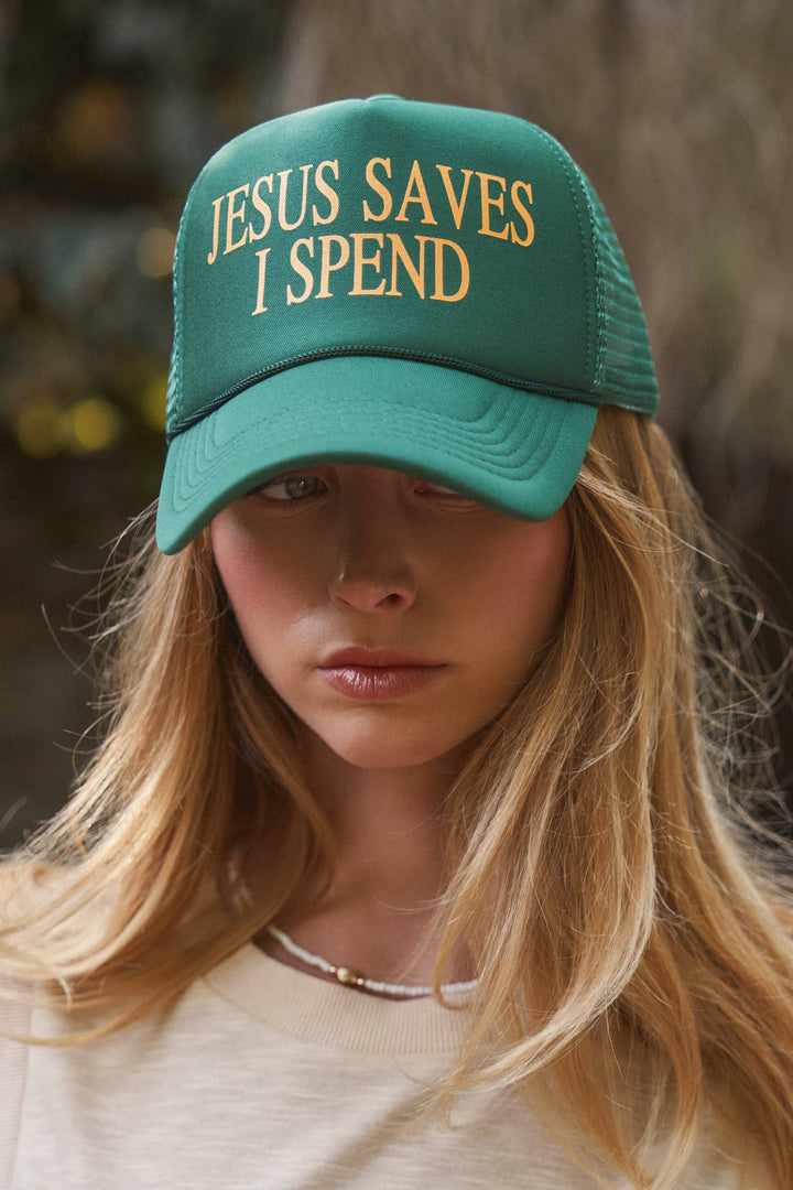 JESUS SAVES I SPEND Bold Statement Trucker Cap | wholesale trucker hat - women's | Urban Daizy