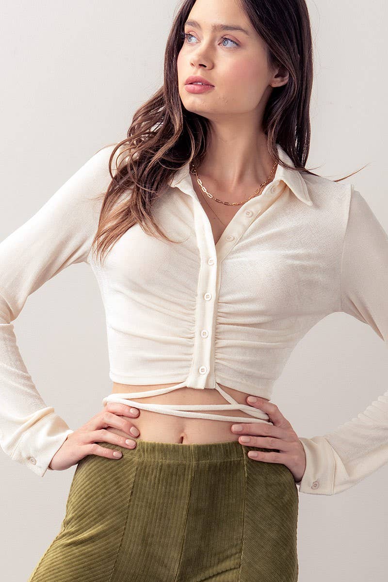 Velour Ruched Button Front Crop Top