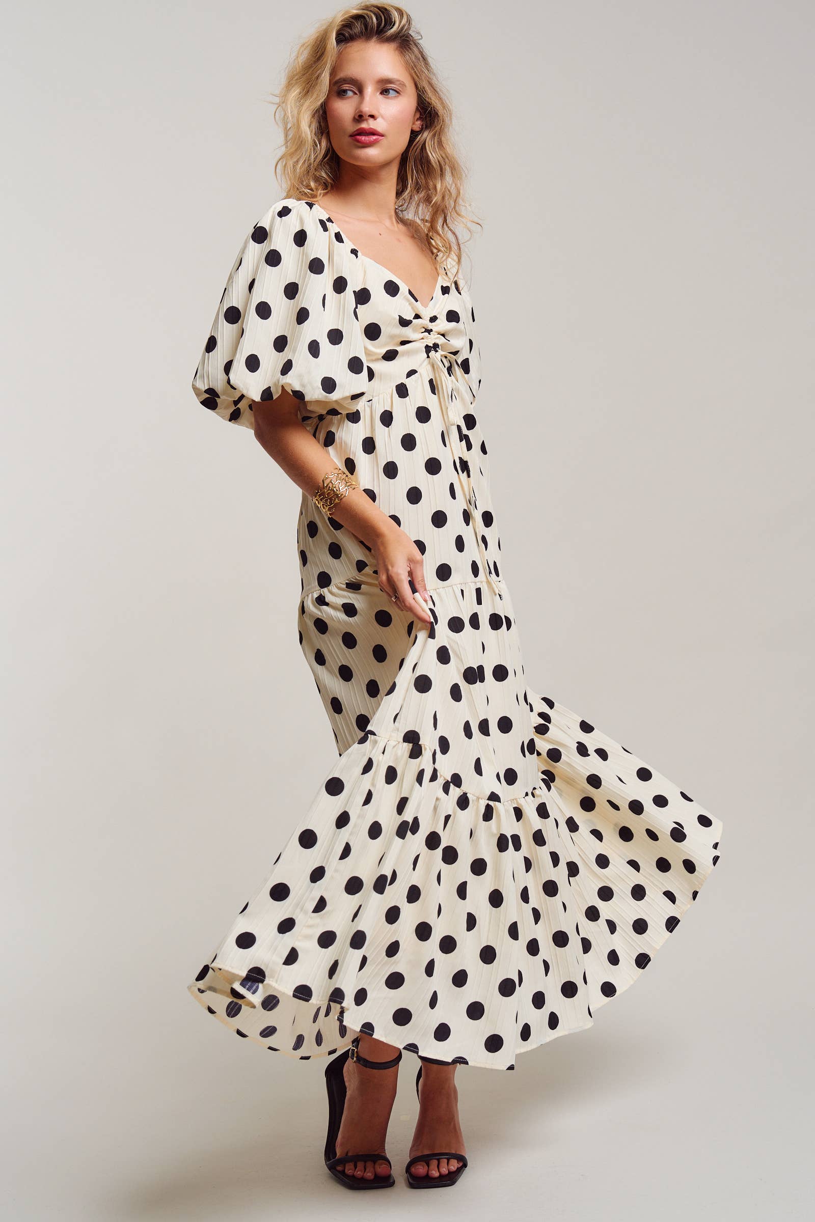 Urban Daizy Textured Polka Dot Tie-Front Puff Sleeve Maxi Dress Ivory Dress - Women's (TNDR1408-Ivory) – alternate view 3