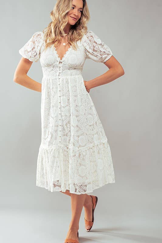 Scalloped Lace Button Front Midi Dress