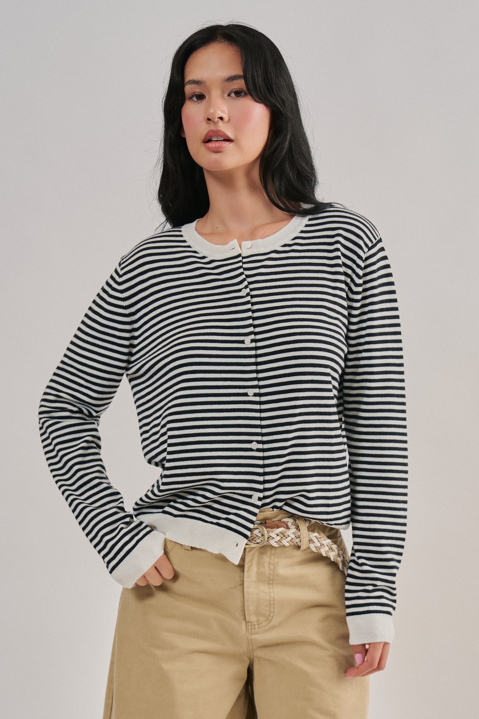 Breton Striped Knit Button Front Cardigan | wholesale cardigan - women's | Urban Daizy