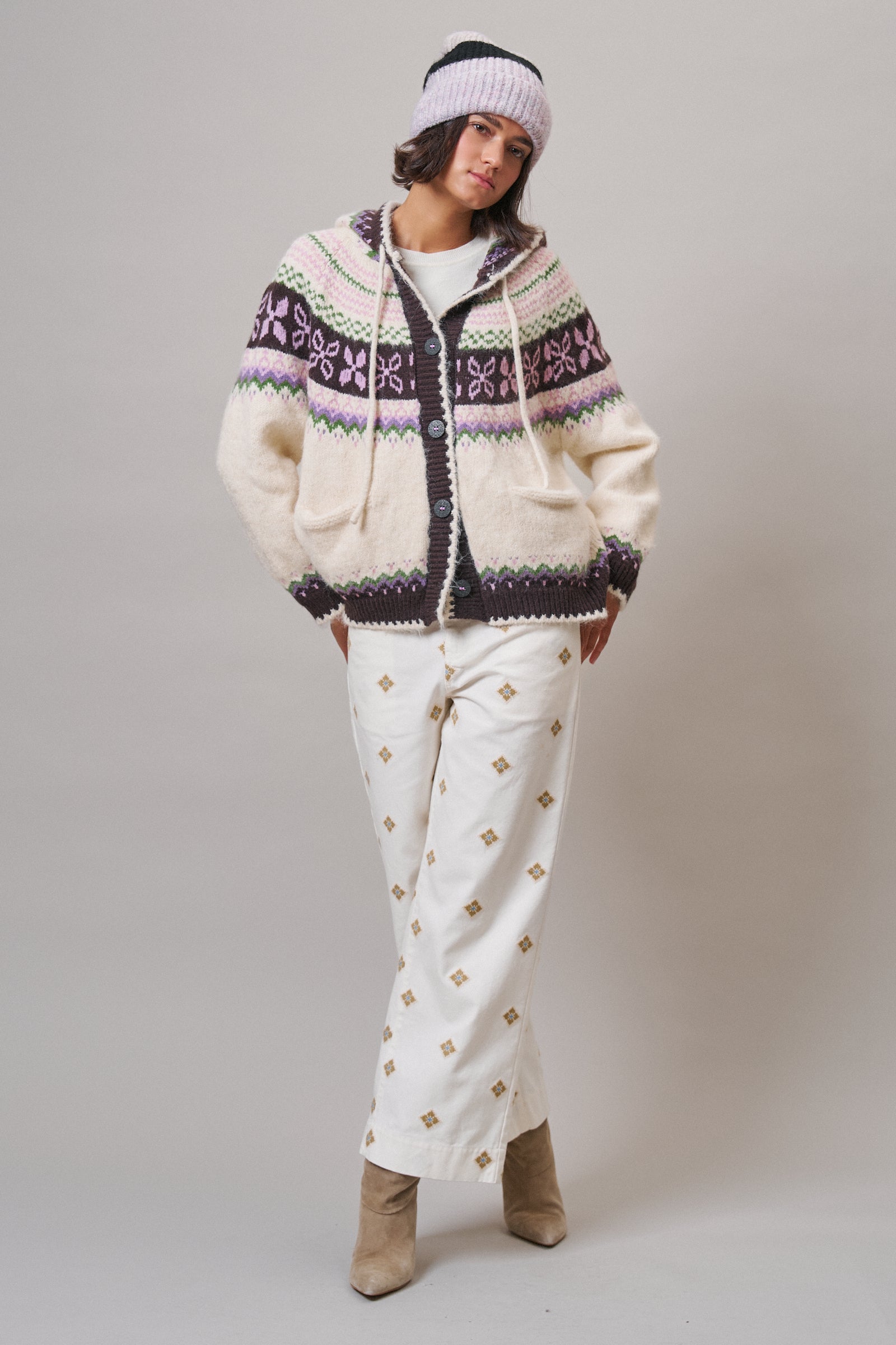 Fair Isle Hooded Button-Front Cardigan