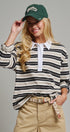 Striped Rugby Polo Long Sleeve Knit Top with Contrast Collar in IVORY BLACK - Women's T-Shirts & Polos | Urban Daizy