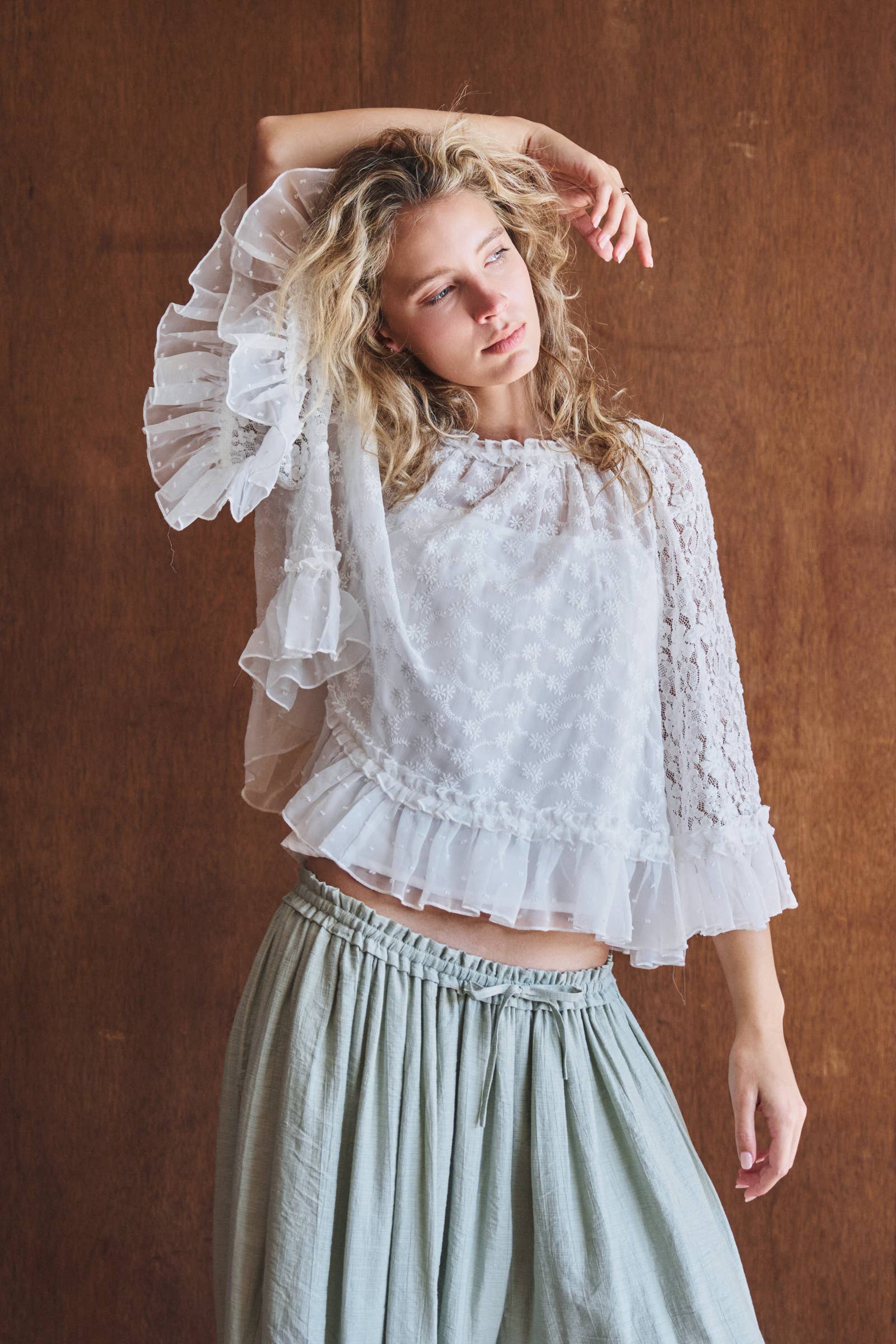 Swiss Dot Lace Top Ruffle Flutter Sleeve
