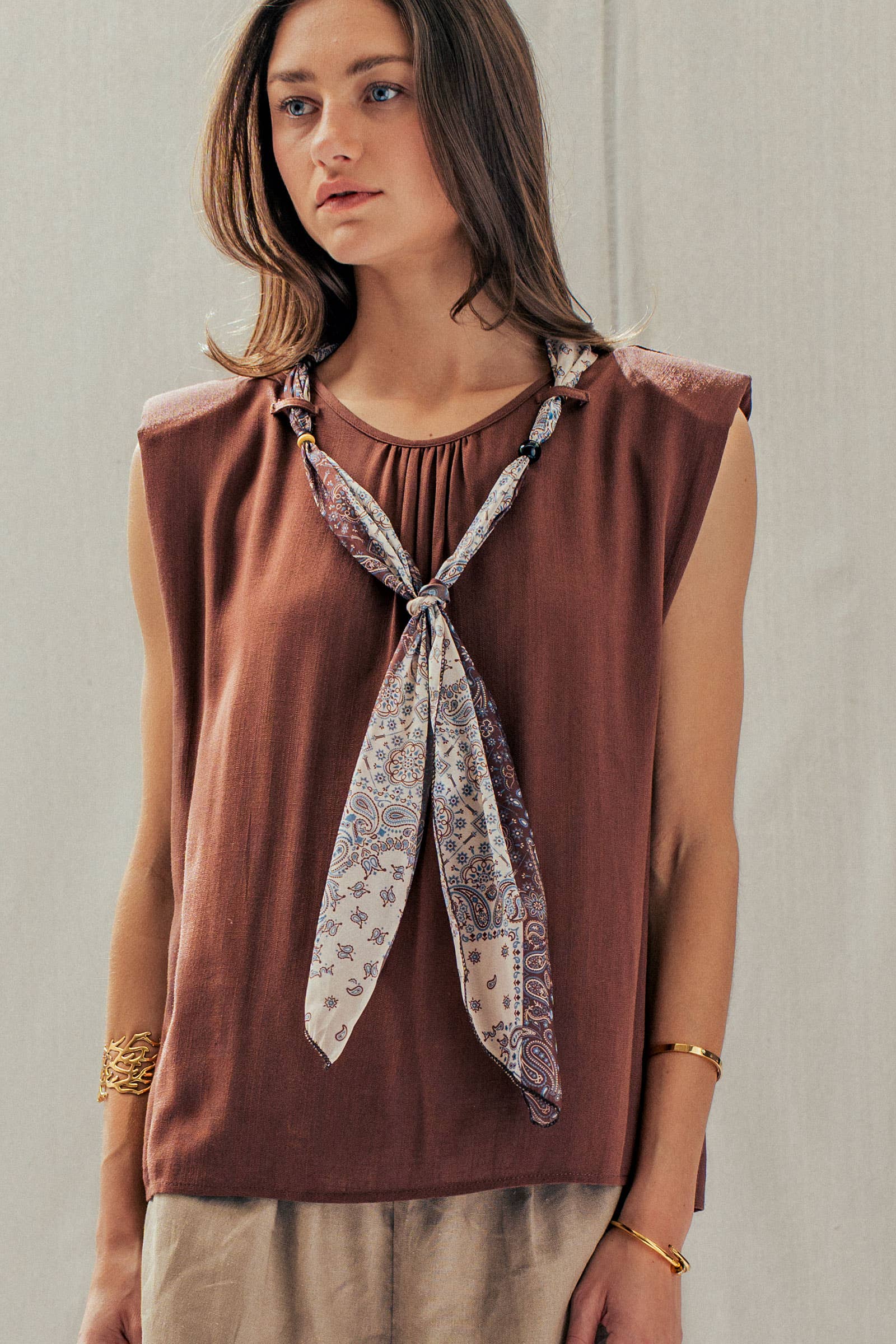 Paisley Scarf Tie Linen Blend Muscle Top