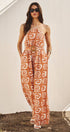 Urban Daizy Geometric Print Halter Belted Wide Leg Jumpsuit Blush Jumpsuit - Women's (TNJU0181-Blush)