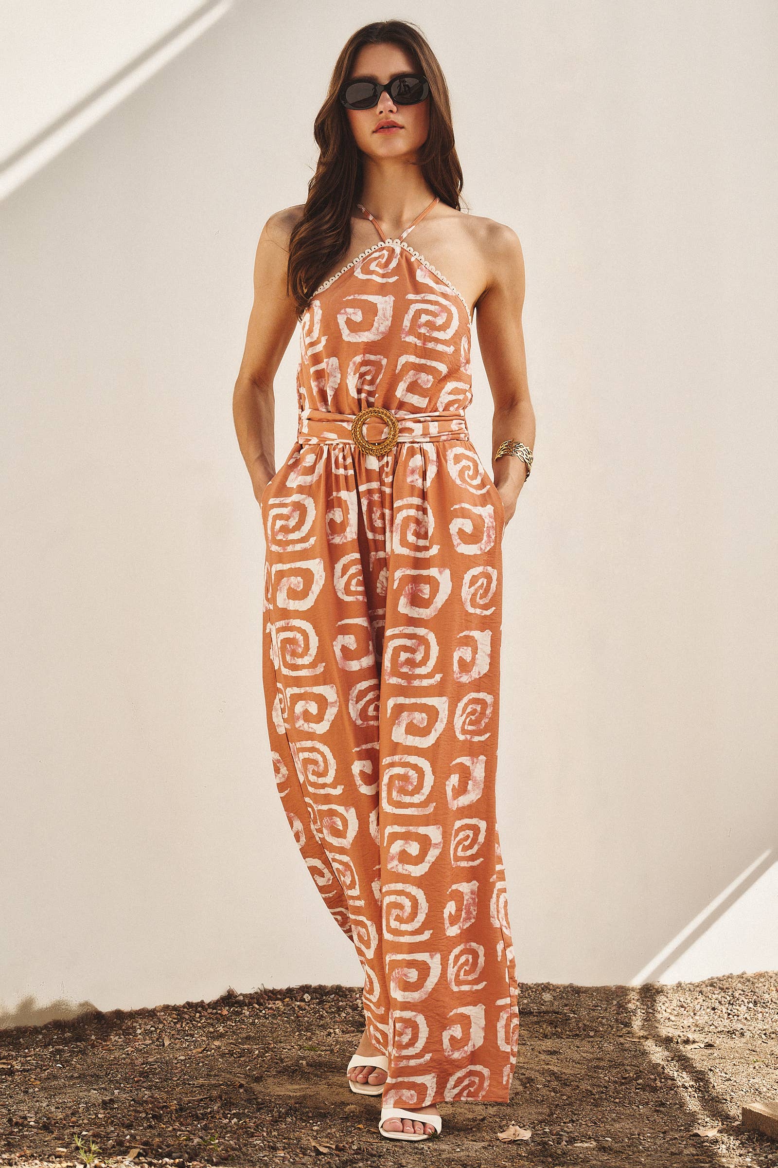 Urban Daizy Geometric Print Halter Belted Wide Leg Jumpsuit Blush Jumpsuit - Women's (TNJU0181-Blush)