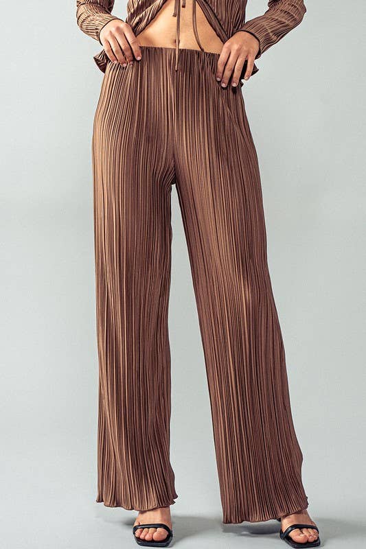 Urban Daizy Shimmer Pleated Wide Leg Elastic Waist Pants Brown Pants - Women's (UDZ-PT-00231)