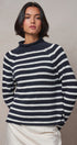 Striped Mock Neck Sweater with Rolled Neckline in IVORY NAVY - Women's Sweaters | Urban Daizy
