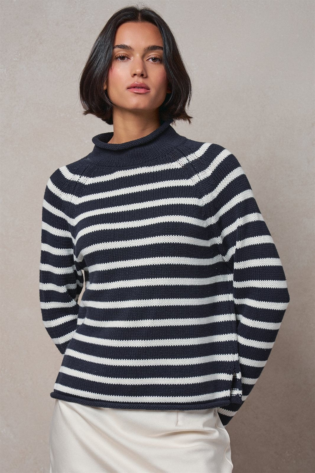 Striped Mock Neck Sweater with Rolled Neckline in IVORY NAVY - Women's Sweaters | Urban Daizy