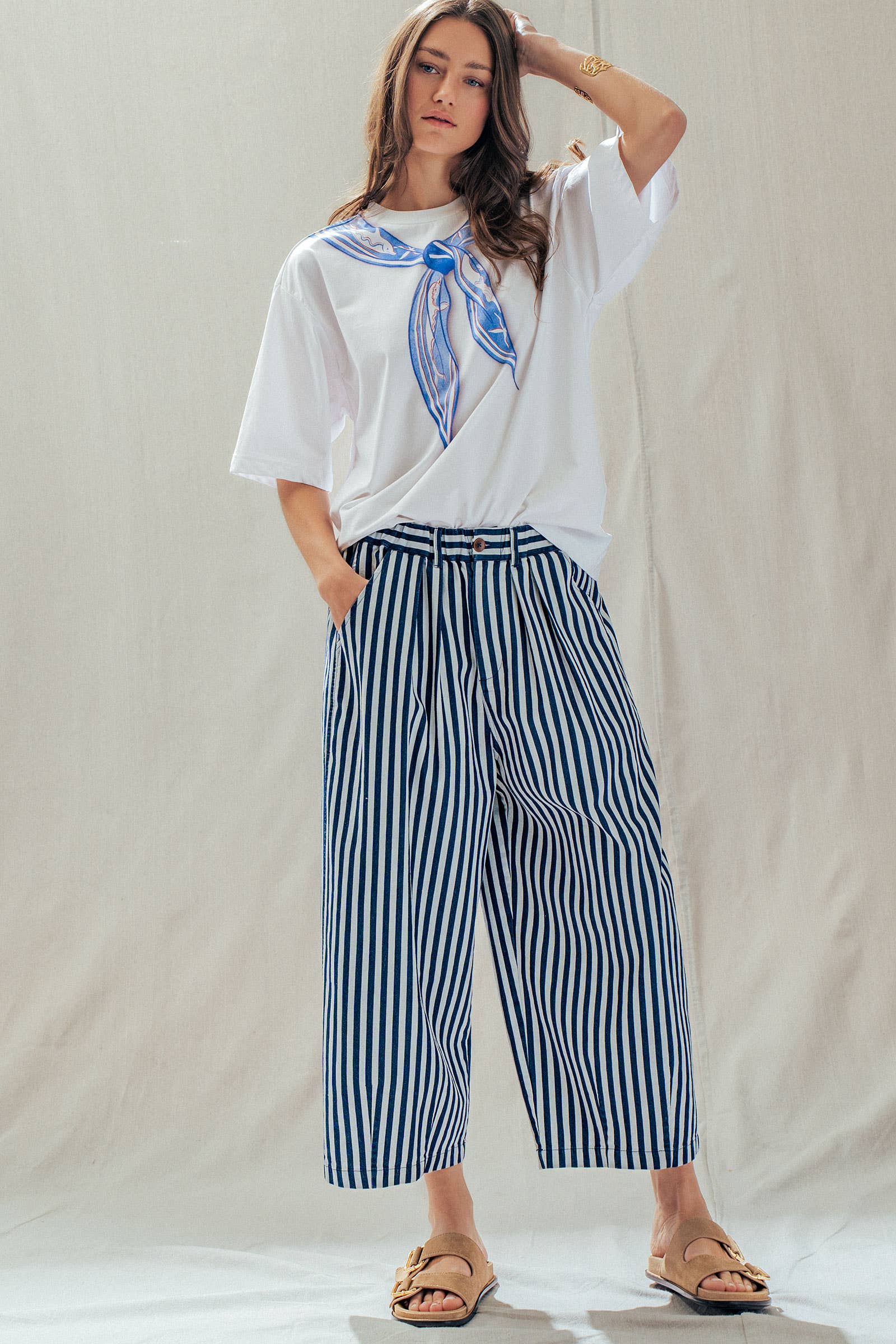 Striped Pleated Wide Leg Culotte Pants