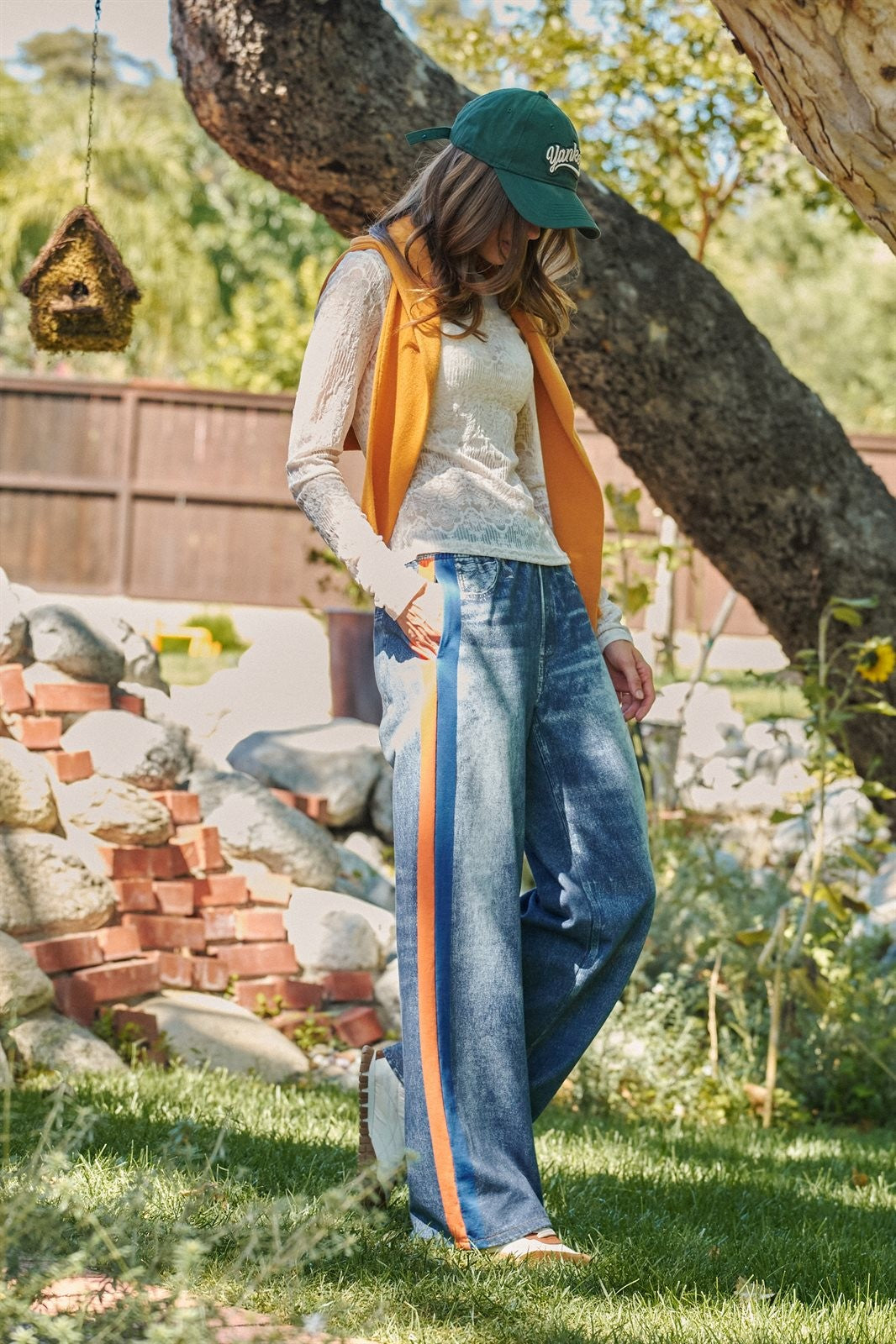 Wide Leg Faux Denim Print French Terry Track Pants with Side in ORANGE BLUE - Women's Casual Pants | Urban Daizy