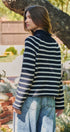 Striped Mock Neck Sweater with Rolled Neckline in IVORY NAVY - Women's Sweaters | Urban Daizy