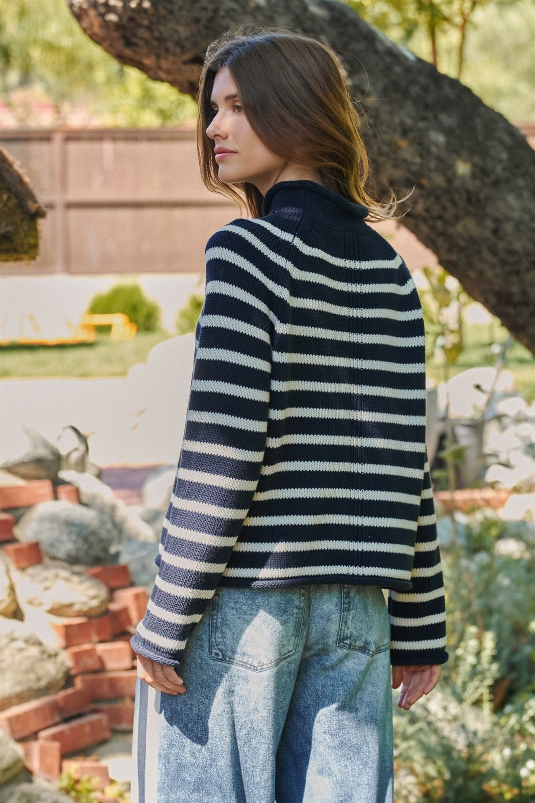 Striped Mock Neck Sweater with Rolled Neckline in IVORY NAVY - Women's Sweaters | Urban Daizy