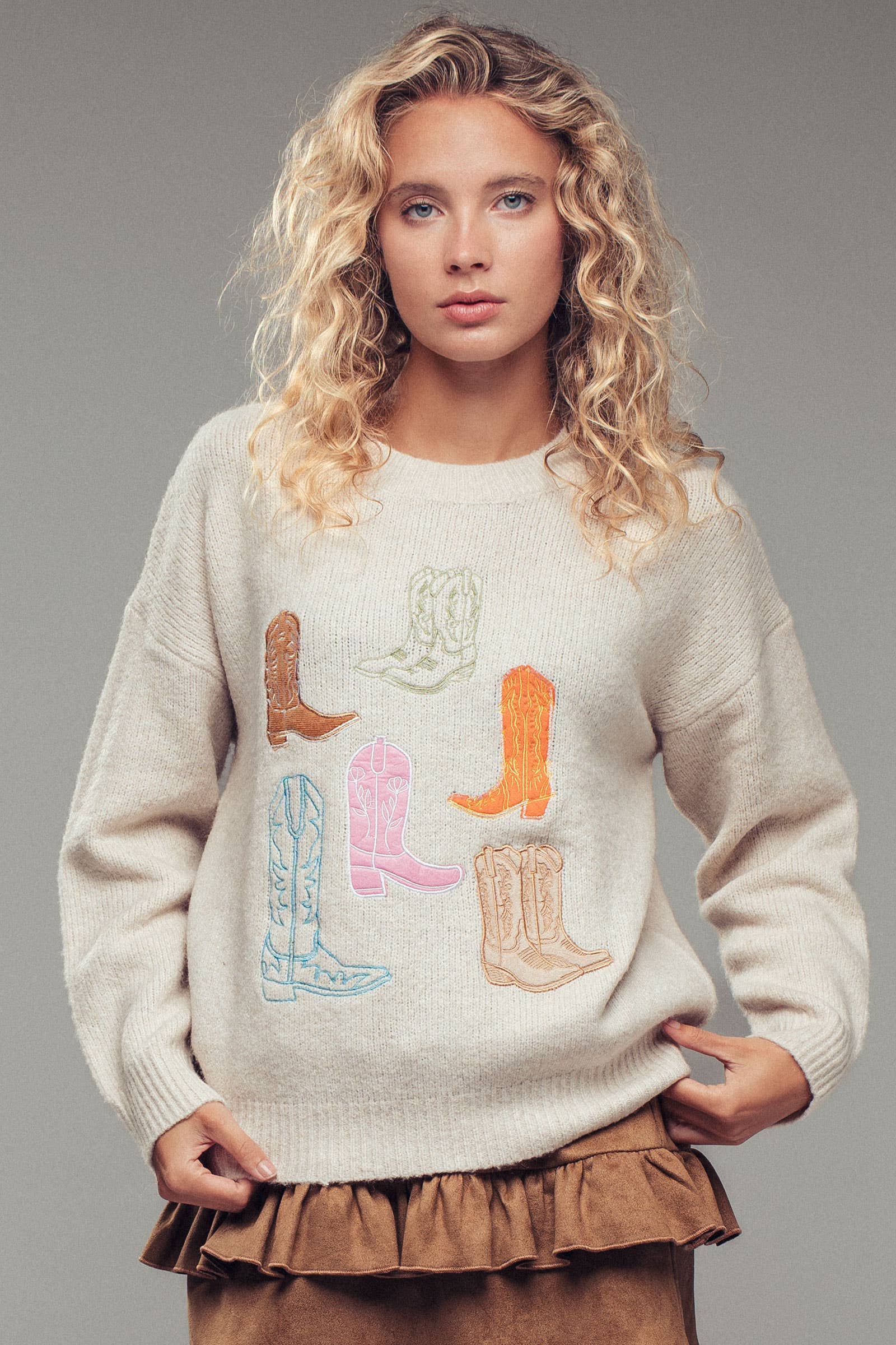 Western Embroidered Cowboy Boot Sweater