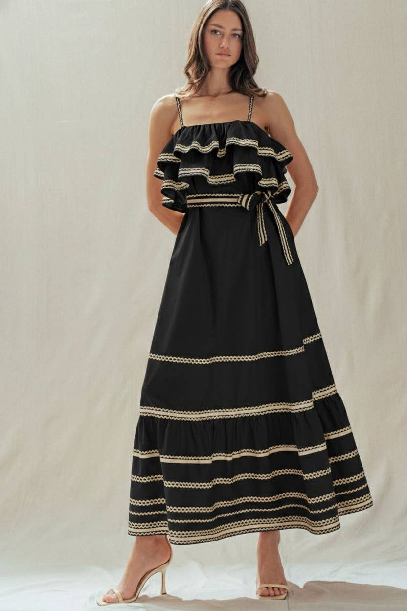 Urban Daizy Rickrack Trim Tiered Ruffle Cotton Maxi Dress Black Dress - Women's (UDDR0346)