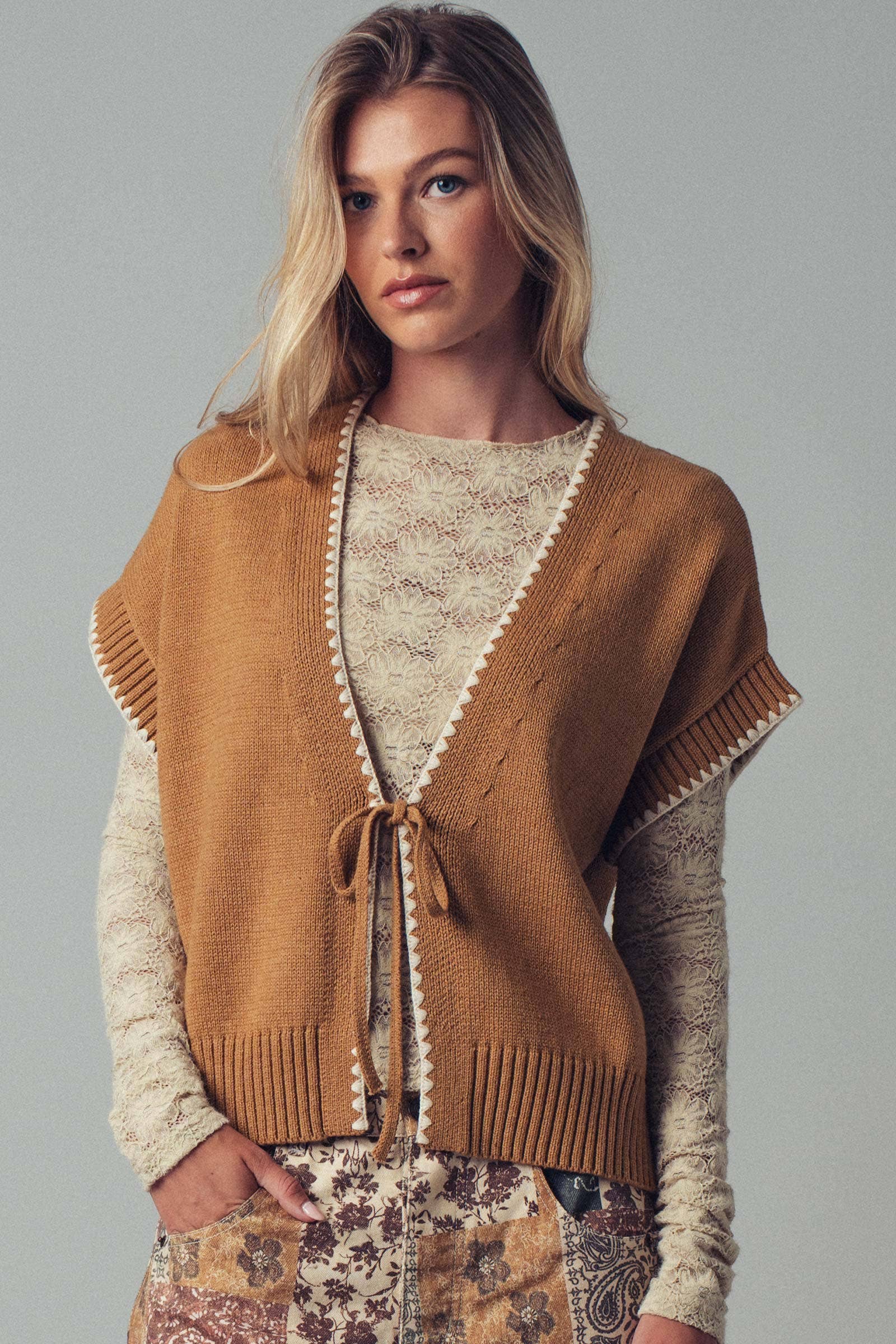 Crochet Trim Tie Front Knit Vest