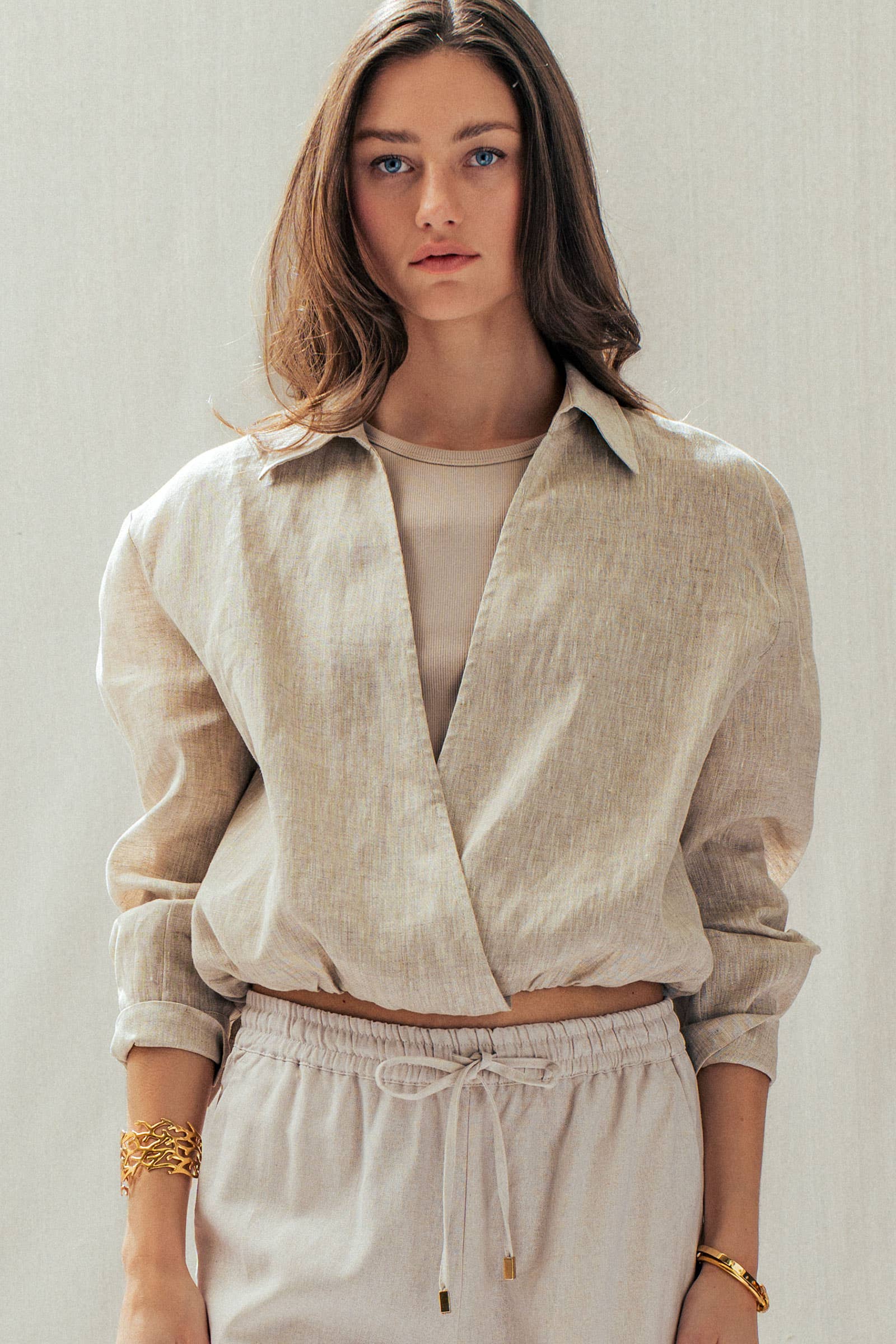 Collared Linen Wrap Crop Top with Built In Tank