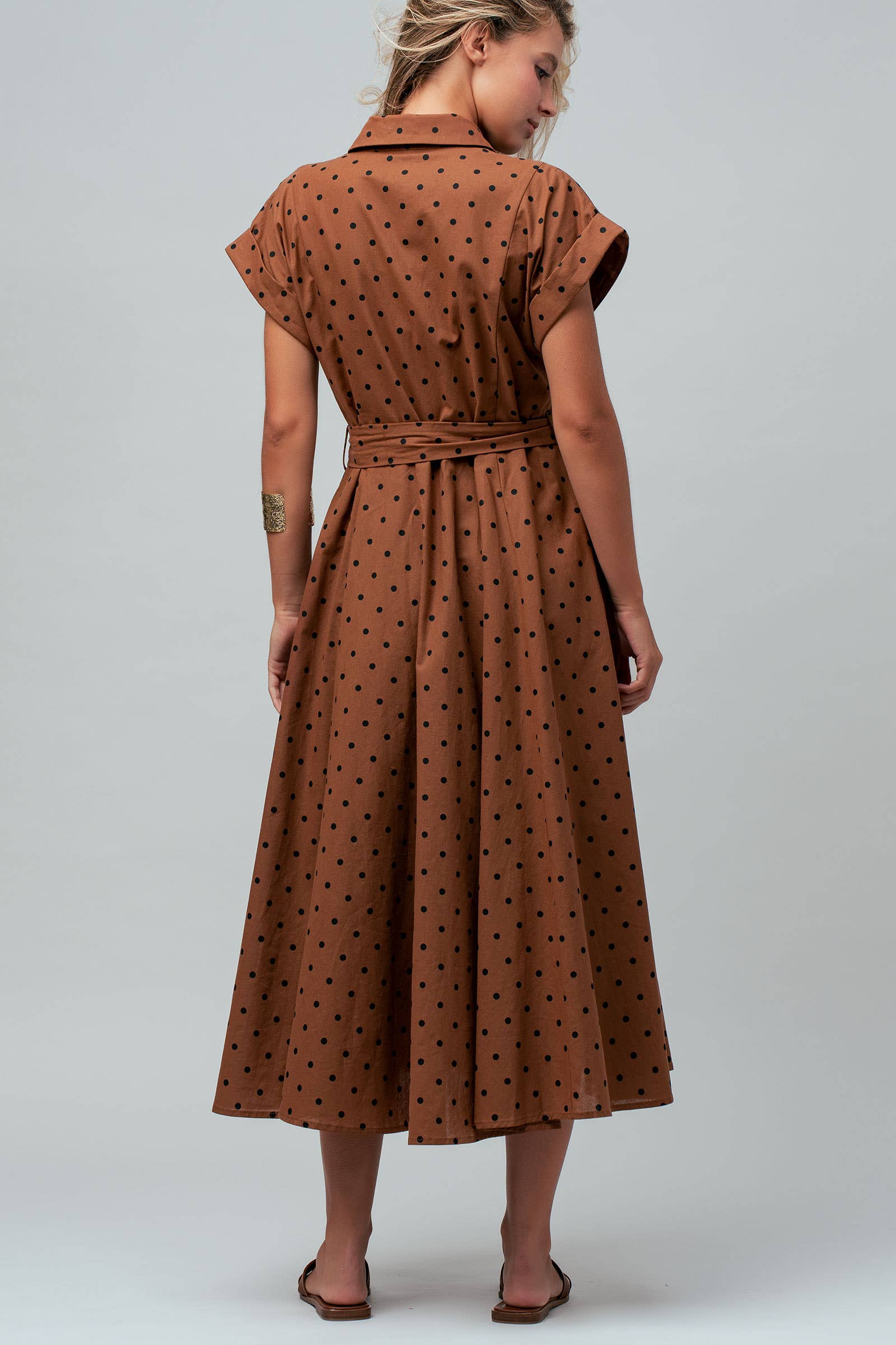 Polka Dot Cotton Belted Midi Shirt Dress