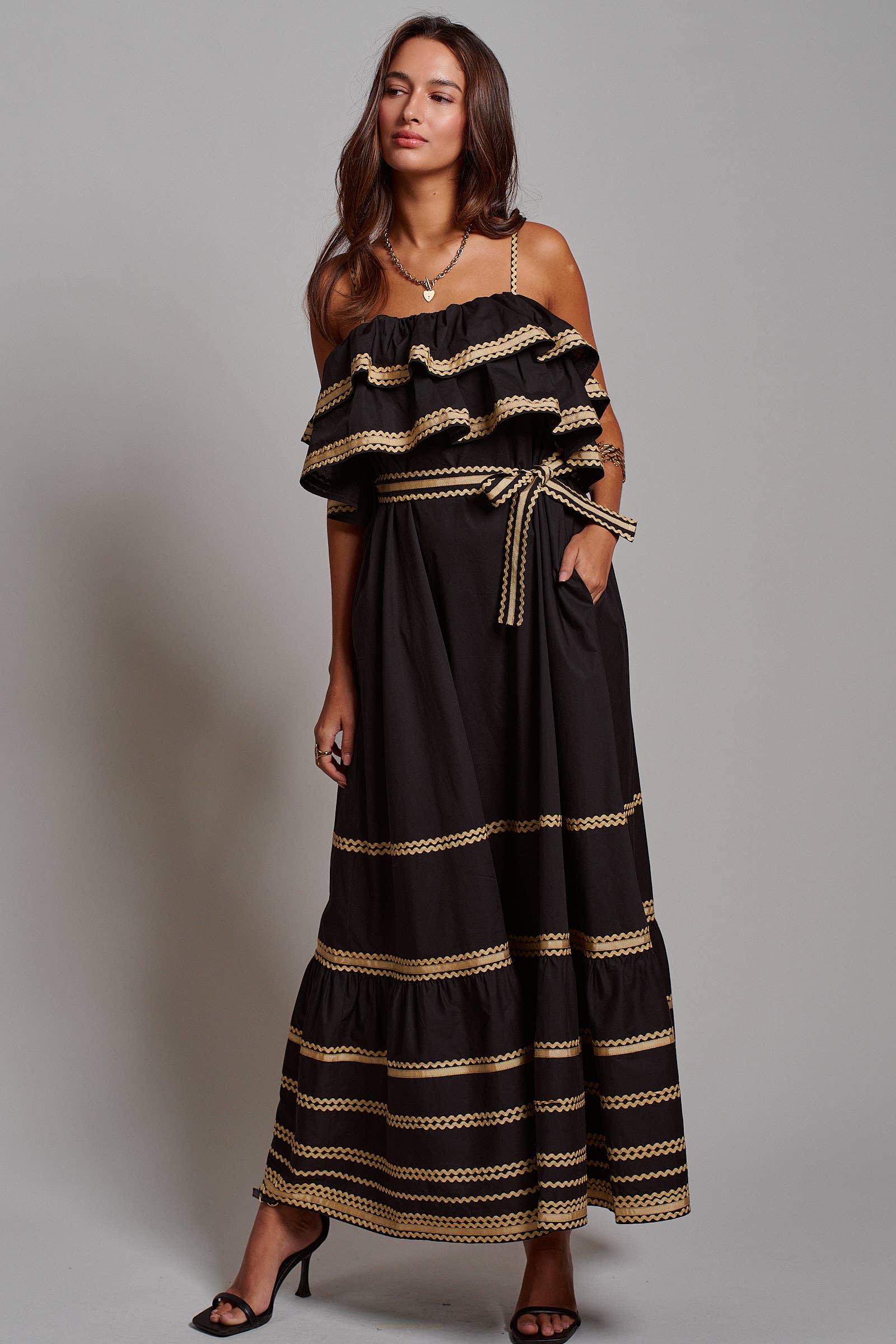 Rickrack Trim Tiered Ruffle Cotton Maxi Dress