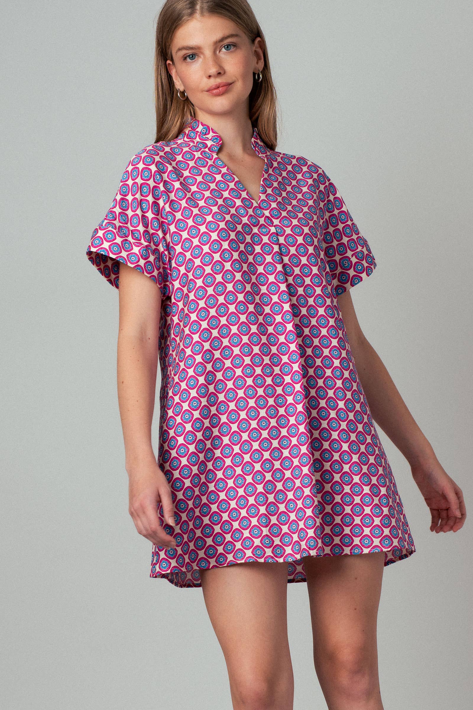 Retro Geometric Print Stand Collar Mini Dress