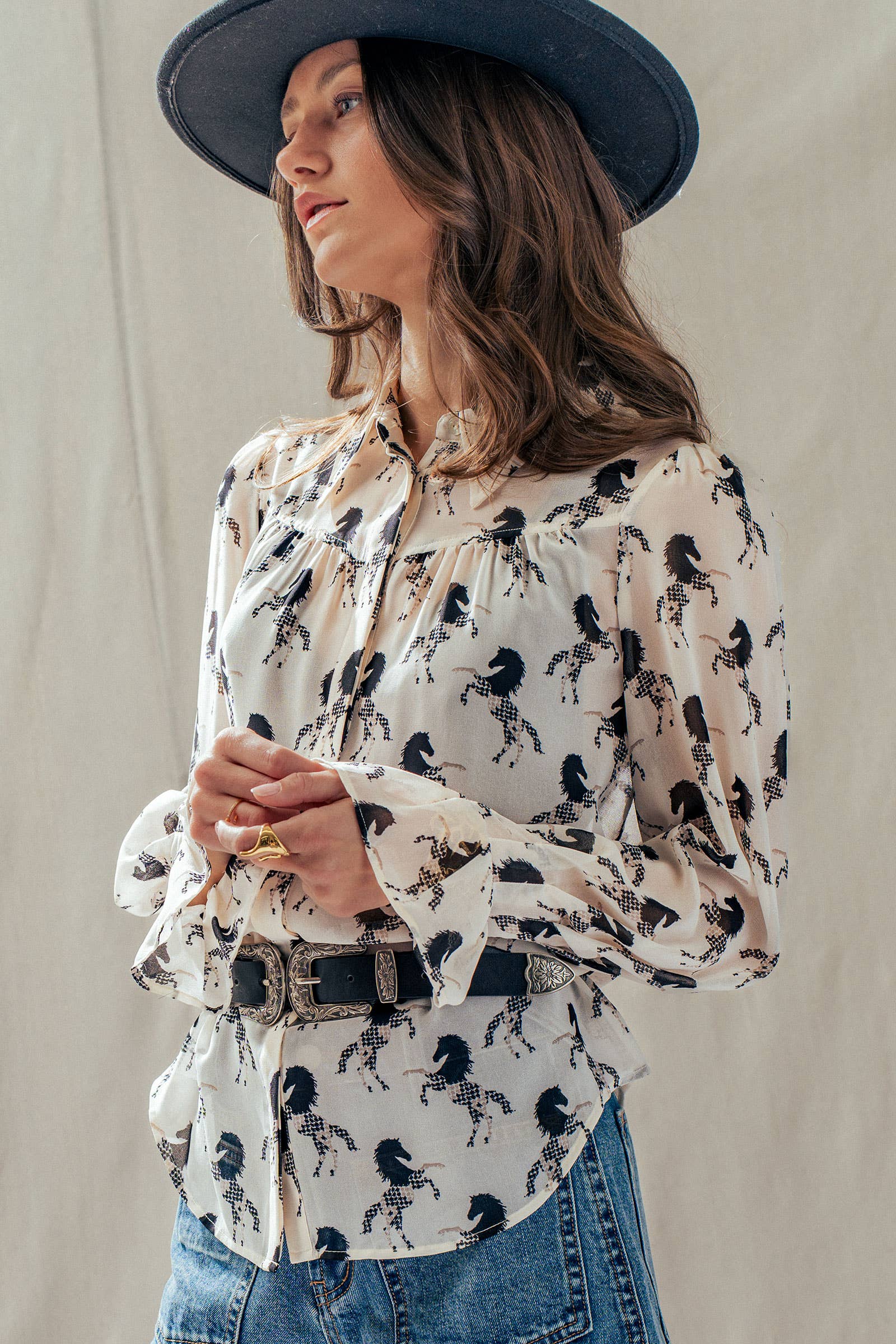 Western Horse Print Button Down Blouse Flared Cuff