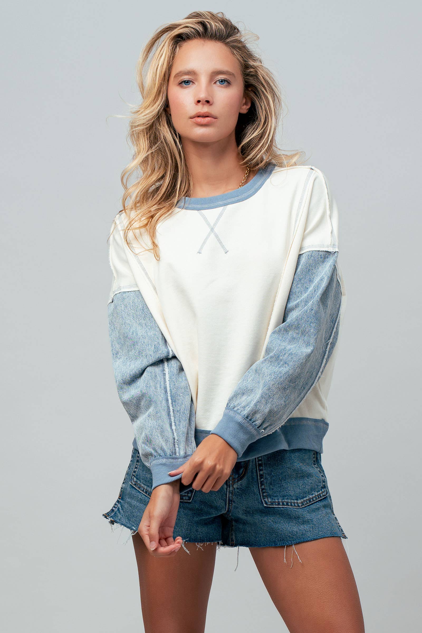 Urban Daizy Contrast Denim Sleeve Mixed Media Pullover Cream-Multi Sweatshirt - Women's (UDZ-OT-00168) – alternate view 2