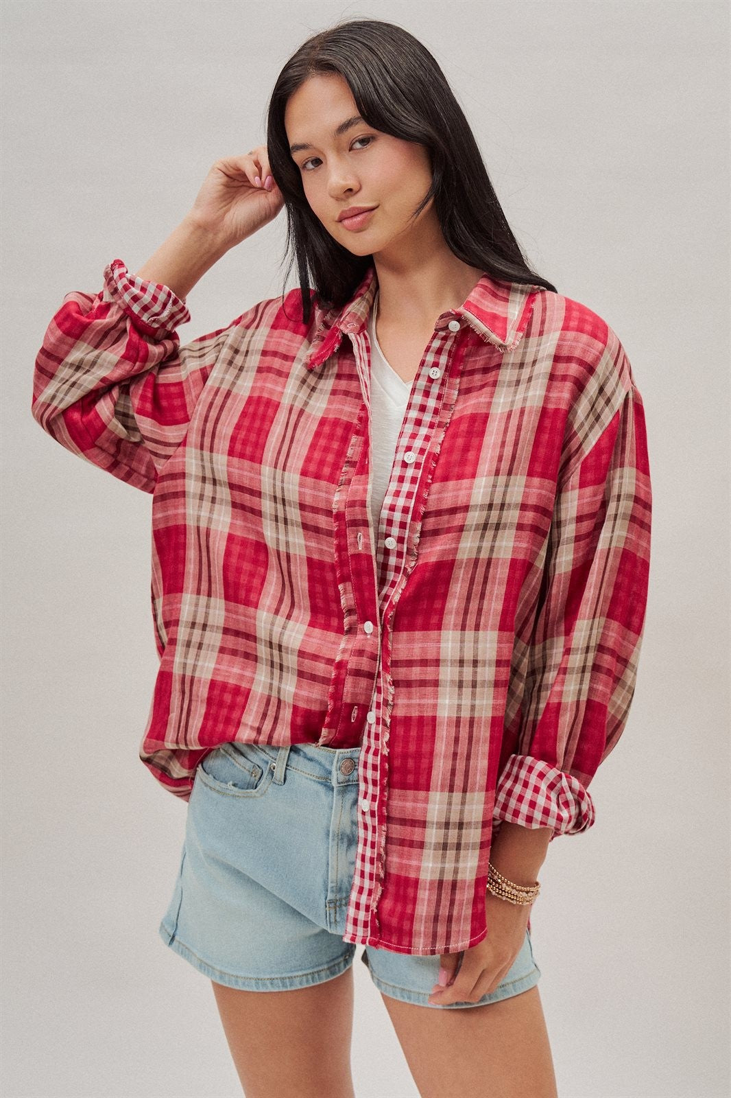 Oversized Plaid Cotton Button-Down Shirt in RED - Women's Shirts & Blouses | Urban Daizy