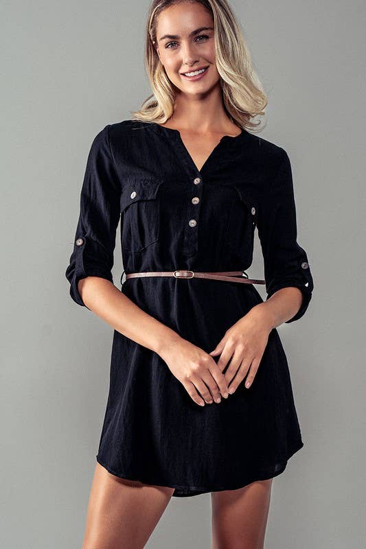 Utility Pocket Belted Henley Mini Dress