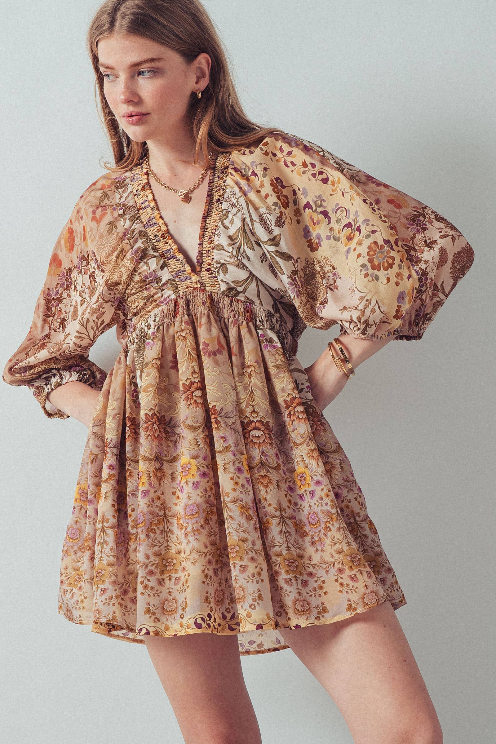 Urban Daizy Mixed-Print Boho Smocked Waist Mini Dress Taupe-Multi Dress - Women's (UDZ-DR-00478) – alternate view 9