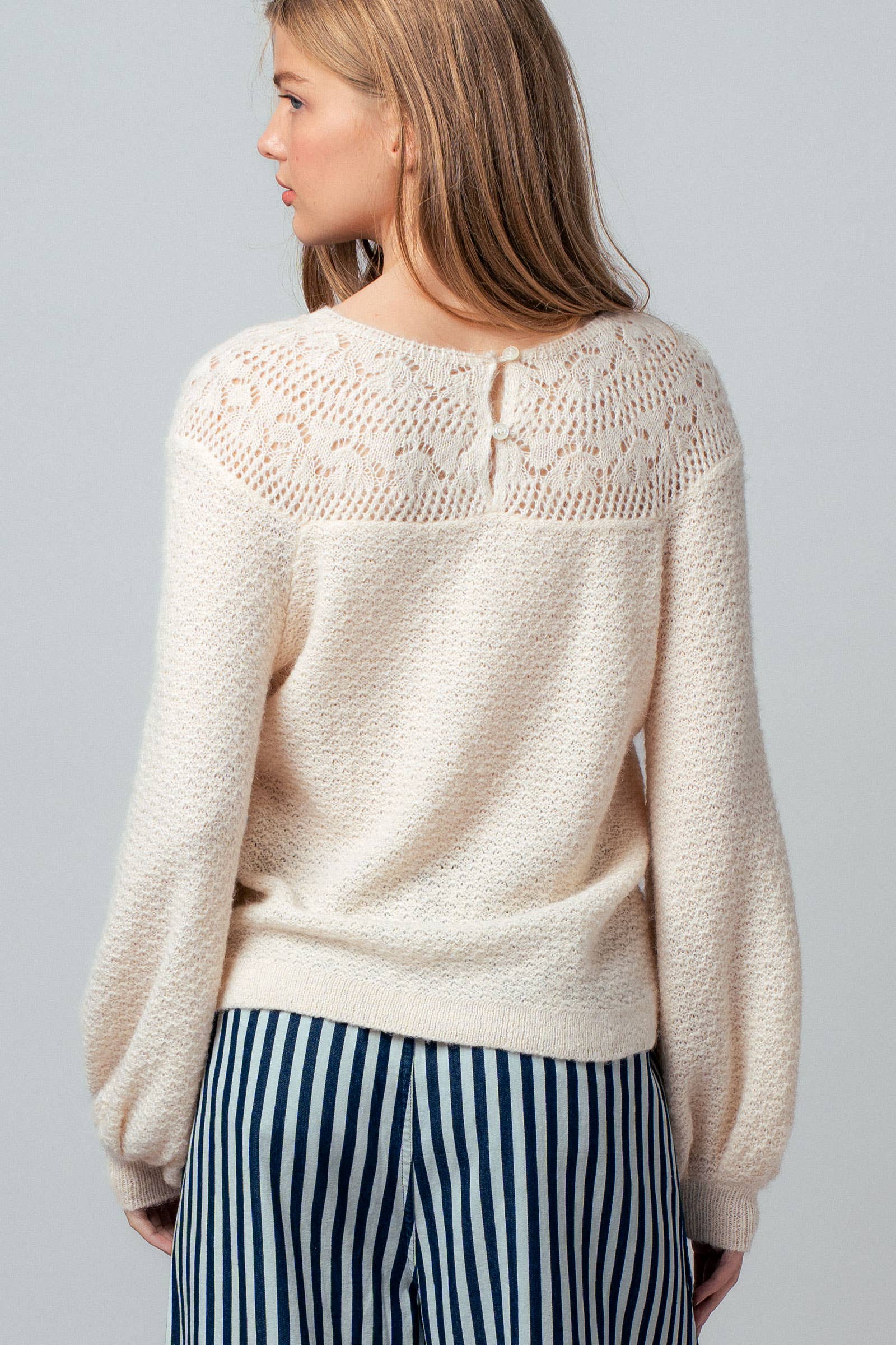 Urban Daizy Lace Yoke Knit Blouson Sleeve Sweater Natural Knit Sweater - Women's (UDZ-KN-00992) – alternate view 6