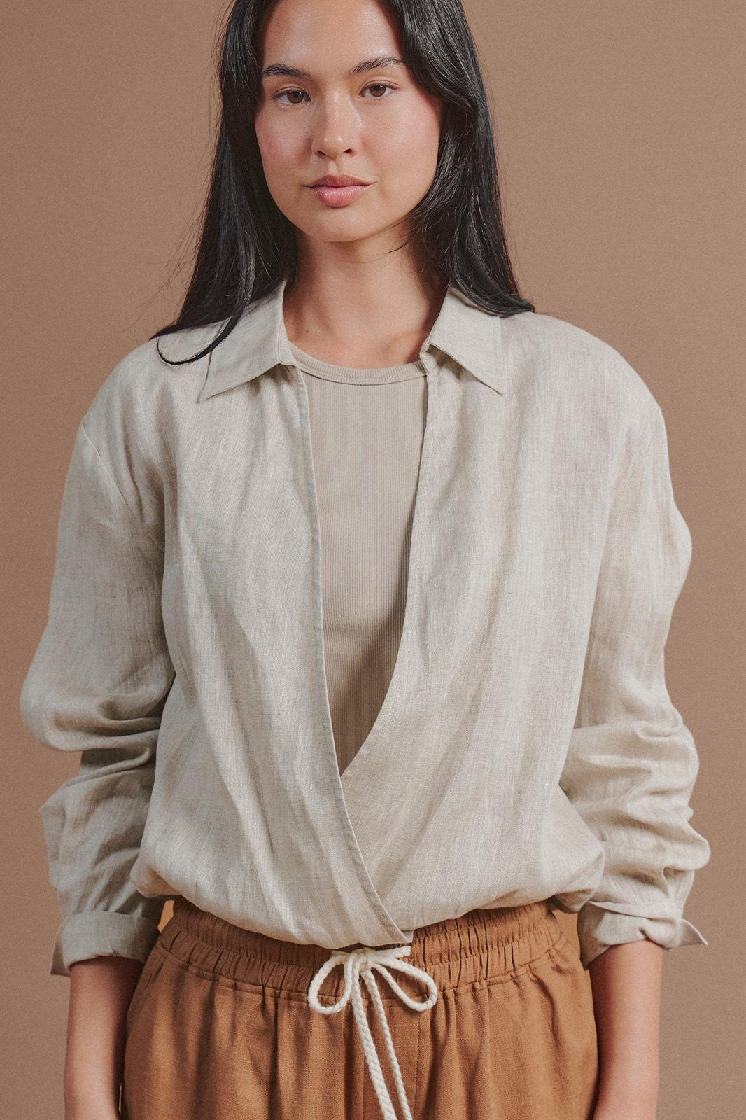 Linen Double Layer Wrap Blouse with Built-In Tank in LINEN - Women's Shirts & Blouses | Urban Daizy