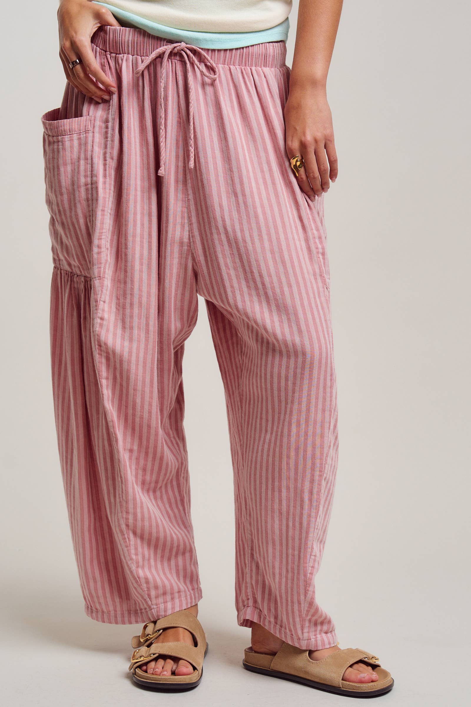Striped Cotton Drawstring Harem Pants
