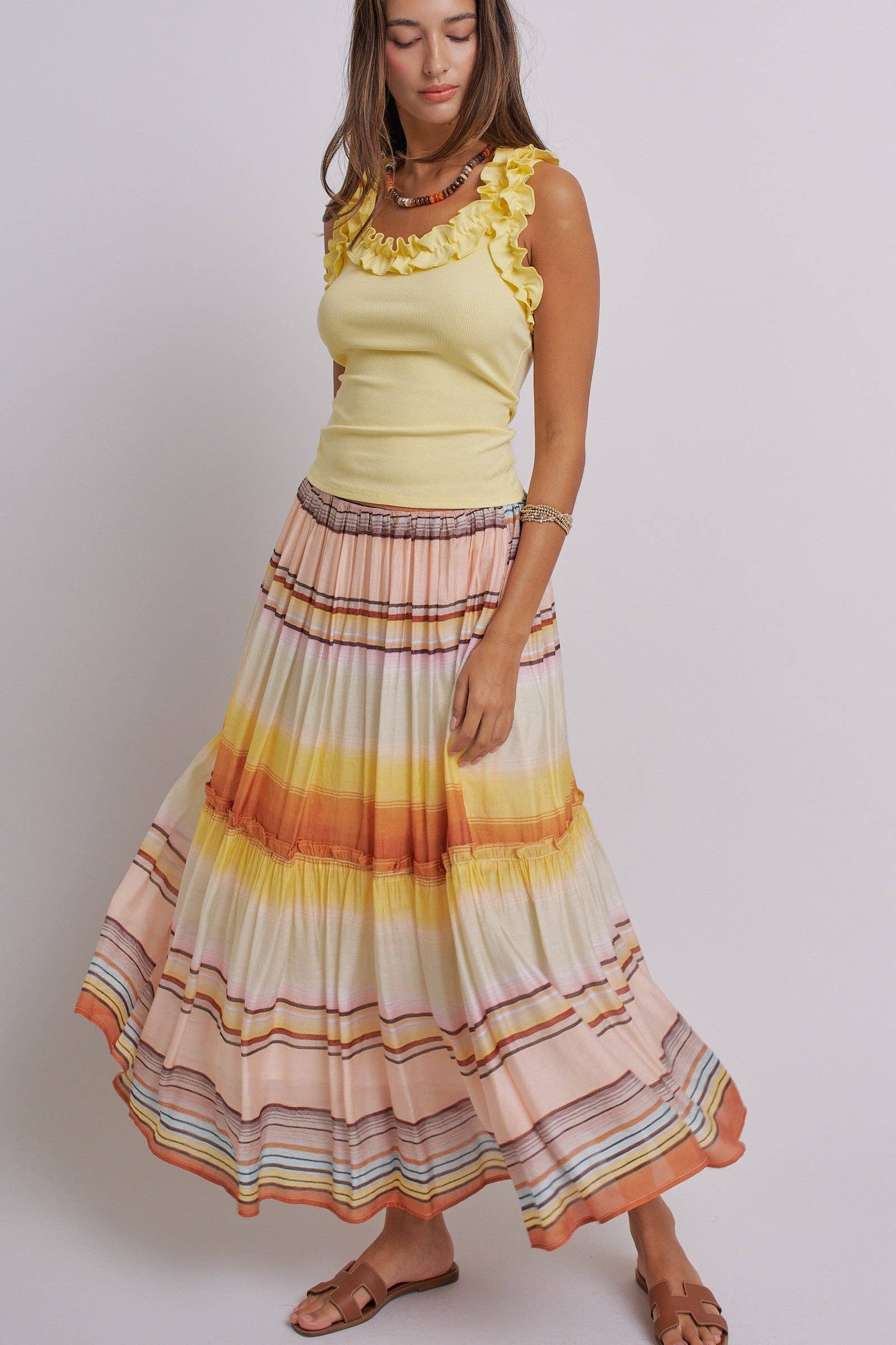 Sunset Stripe Tiered Maxi Skirt Boho Viscose Ruffled