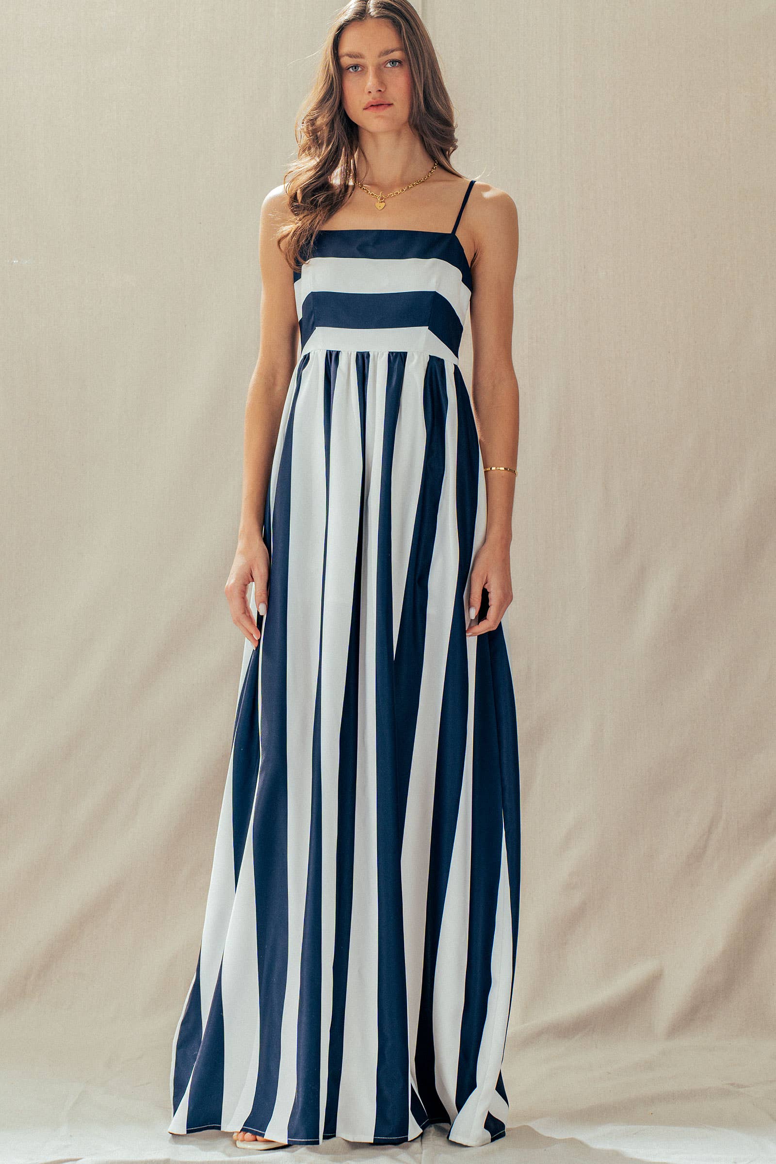 Urban Daizy Vertical Stripe Smocked Back Maxi Dress Ivory-Navy Dress - Women's (UDZ-DR-00526)