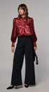 Metallic Shimmer Button Down Blouse with Puff Sleeves in BURGUNDY - Women's Shirts & Blouses | Urban Daizy