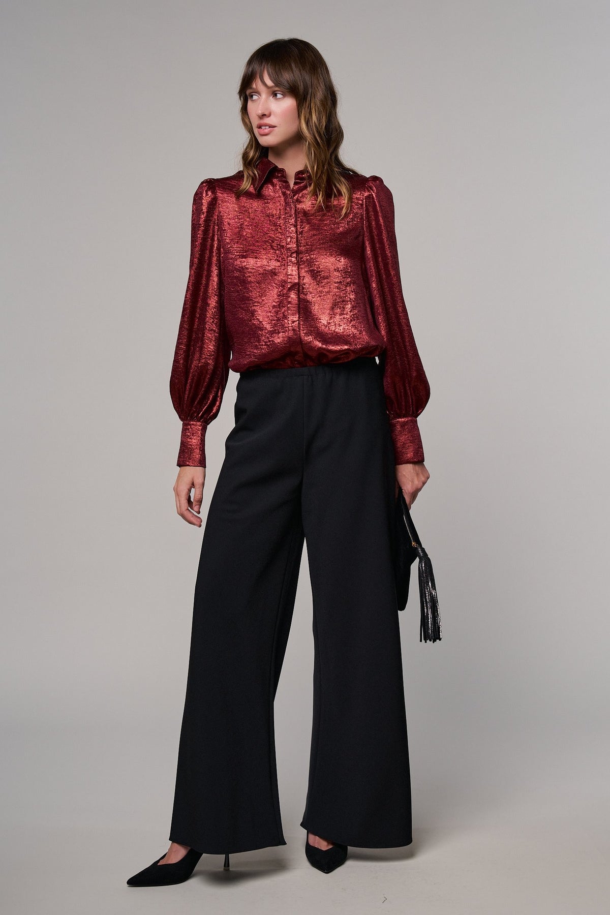 Metallic Shimmer Button Down Blouse with Puff Sleeves in BURGUNDY - Women's Shirts & Blouses | Urban Daizy