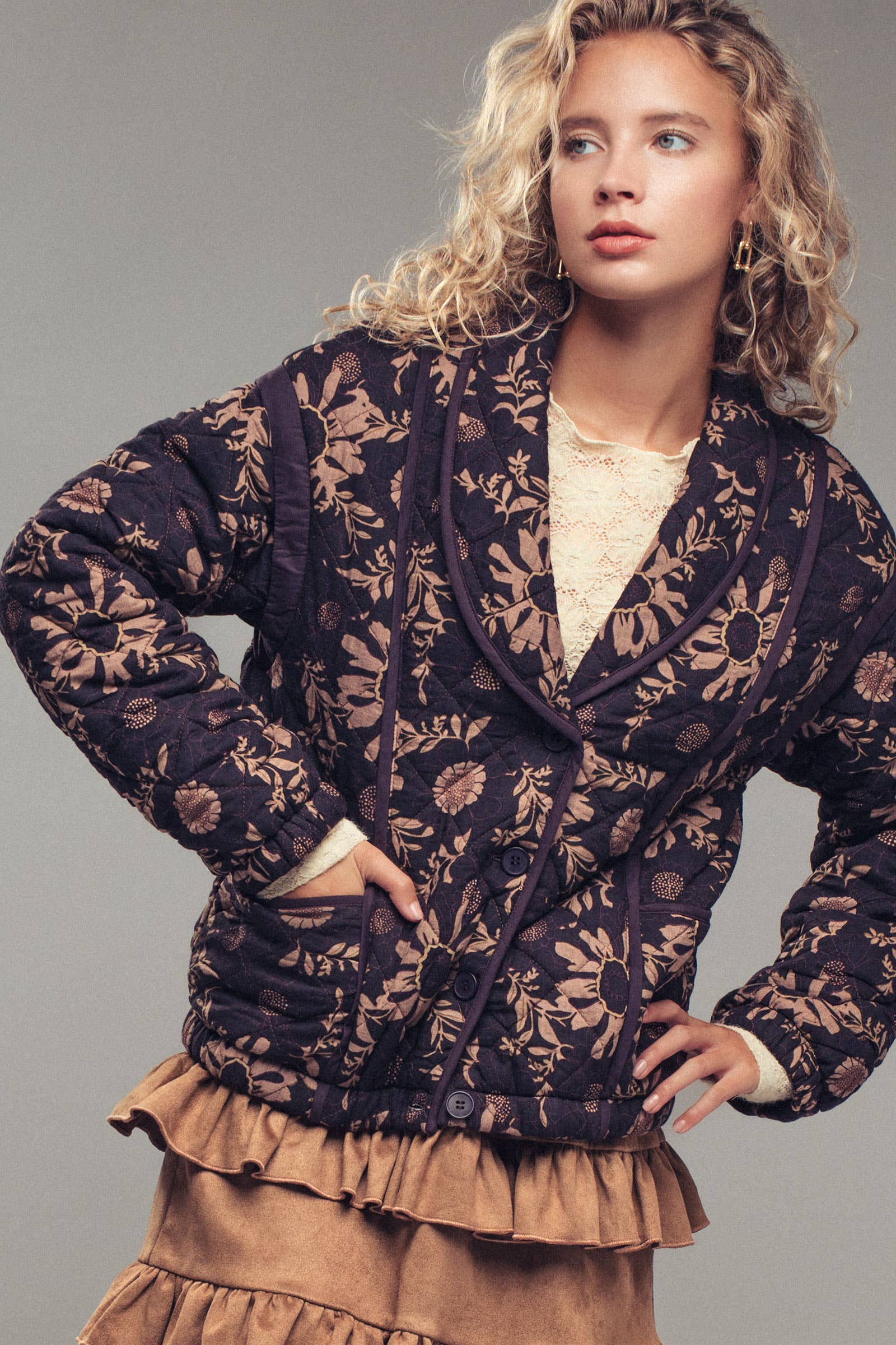 Quilted Floral Shawl Collar Jacket