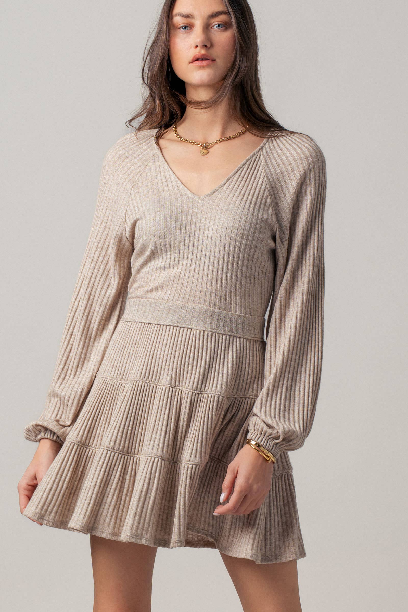 Cashmere Ribbed V-Neck Tiered Mini Dress